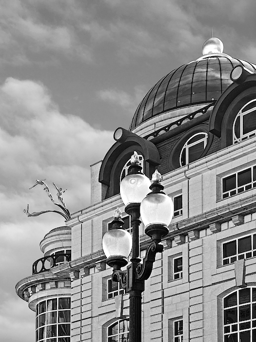 Criterion Building With Three Gold Divers In Black And White by Gill Billington Criterion Building With Three Gold Divers In Black And White by Gill Billington